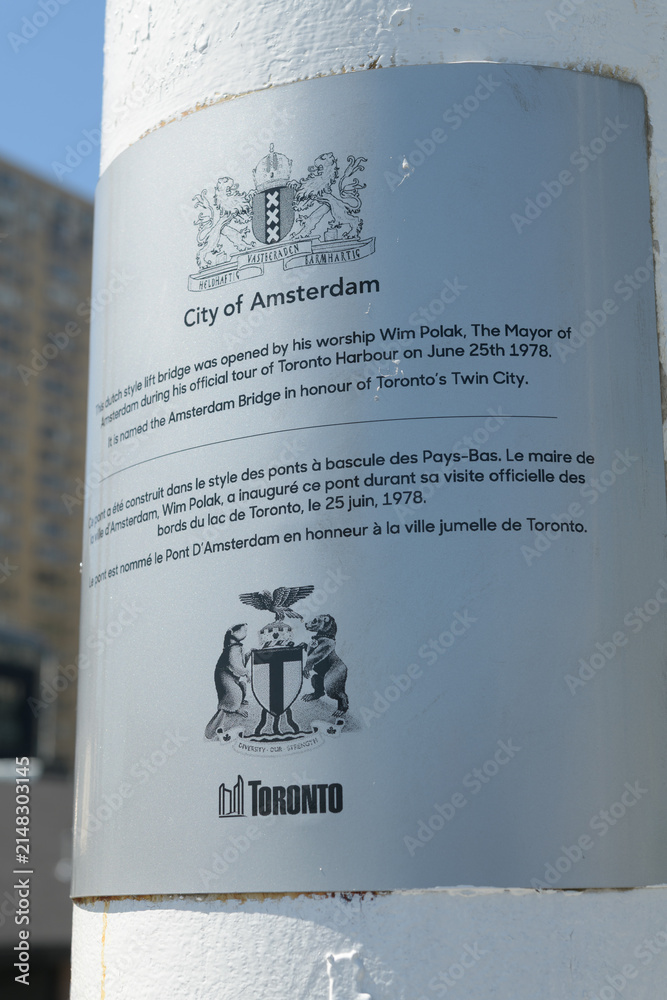 Fototapeta premium metal plaque with inscription for Amsterdam Bridge, a pedestrian / lift bridge at Harbourfront Centre, Toronto