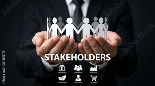 Hands protecting human figures representing stakeholders concept with corporate icons for business ecosystem