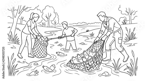 Volunteers Cleaning Up Plastic Waste from a River Nature Conservation Line Art