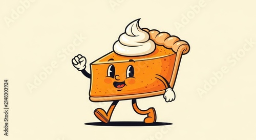 A cheerful vintage pumpkin pie slice character with a swirl of whipped cream walking happily against a plain background for holiday decor, autumn, seasonal, fun