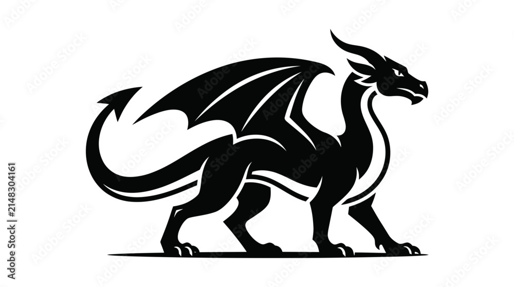 Fototapeta premium Black Dragon Silhouette Isolated Transparent Background Fantasy Creature