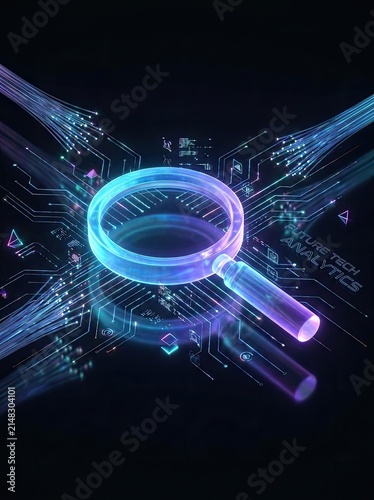 A digital graphic showcases a magnifying glass with a blue glow, hovering over a complex circuit board pattern. The circuit board is filled with glowing data streams, icons, and digital elements.