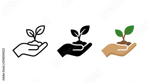 Hand holding a small green plant sprout icon set representing growth, sustainability, nature, and environmental care