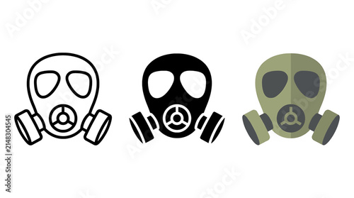 Gas mask icon set in outline, solid, and flat styles for safety, emergency, chemical protection, and survival gear