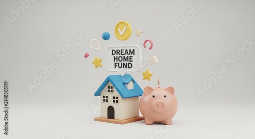 A 3D rendering showcases a dream home fund concept. A blue house sits atop a pink piggy bank, surrounded by floating coins, a checkmark, and stars.