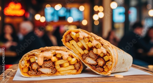 A close-up shot showcases two delicious chicken shawarma wraps, generously filled with golden french fries, tender chicken pieces, and a creamy sauce.
