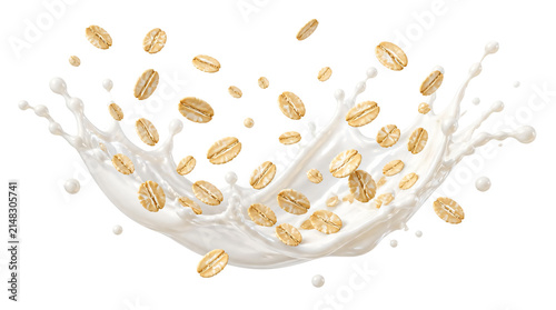 Flying oats with milk splash isolated on transparent background
