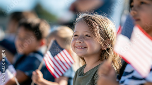 Joyful Young Girl Celebrating Columbus Day Holding Small American Flag During An Outdoor Community Parade Event With Other Happy Children