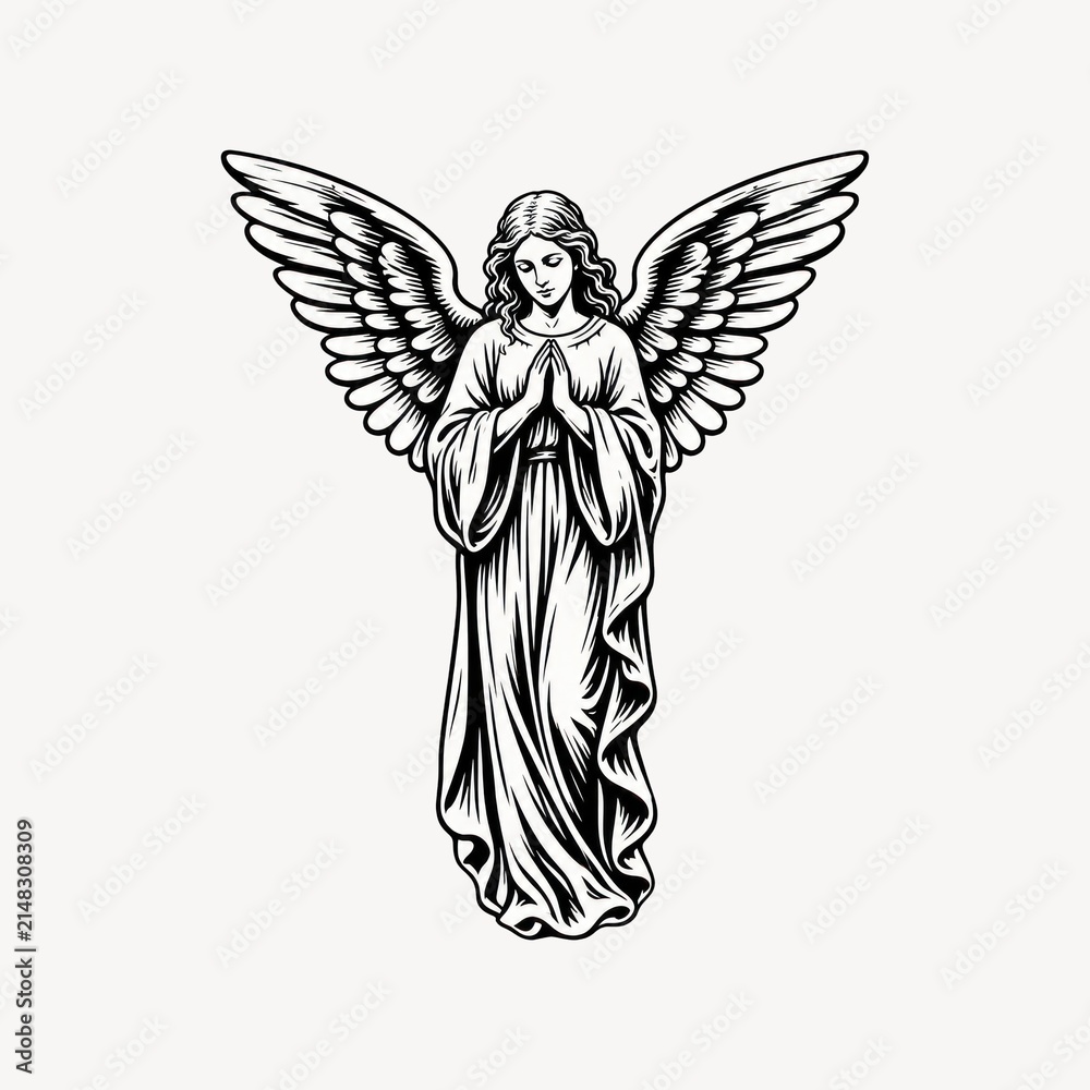 Obraz premium A beautiful black and white line art illustration of a praying angel with outstretched wings, perfect for religious designs and spiritual projects.