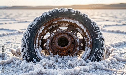 Close-up of car tire buried in deep snow during winter storm. Heavy tread vehicle wheel stuck in icy road conditions for emergency response.