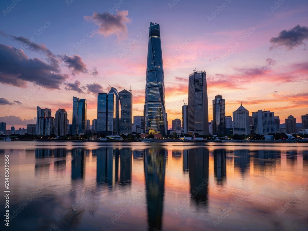 Fototapeta premium Reflection of skyscrapers in water at dusk