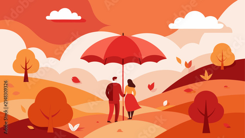 Couple walking under umbrella in autumn landscape