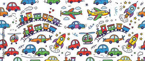 Hand-drawn colorful cartoon transportation pattern on white