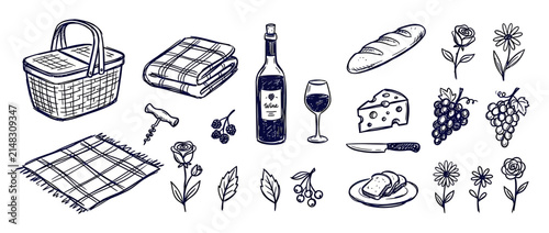 Hand-drawn picnic elements isolated on transparent background