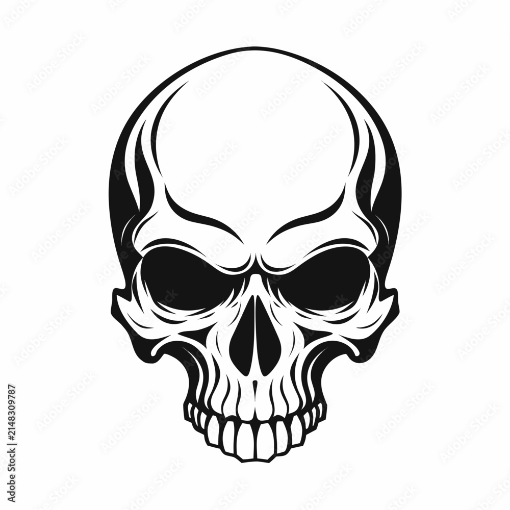 Obraz premium Bold Skull Vector Icon – Black and White Human Skull Graphic for Tattoo, Halloween and Streetwear Designs