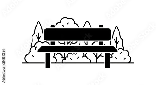 Park bench icon with trees. Isolated black silhouette of outdoor seating in nature.