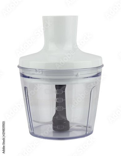 Empty plastic chopper bowl for hand blender. Immersion blender mini food processor attachment with lid and blade isolated from background