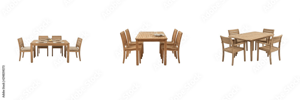 Fototapeta premium Wooden dining table and chairs set isolated transparent background, modern timber patio furniture 3D render collection, natural teak dining room set view, interior decor furniture vector PNG asset for