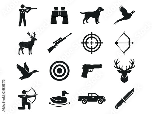 Hunting Icons Set Featuring A Hunter Dog And Target Silhouette