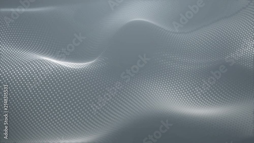 Clean white particle wave flowing across a soft gray background, useful for corporate visuals, technology presentations, science concepts and minimal abstract design.