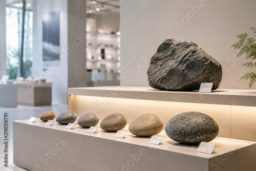 Canvastavla Smooth cobblestones and rough boulder on tiered shelf.