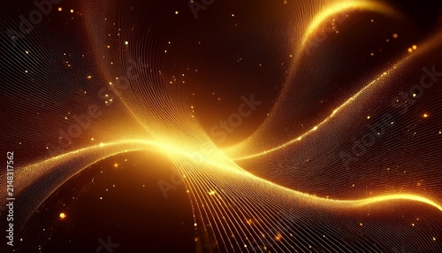 Digital Dark Brown Abstract Background With Sparkling Golden Yellow Light Particles And Areas With Deep Depths Particles Form Into Lines Surfaces And Grids