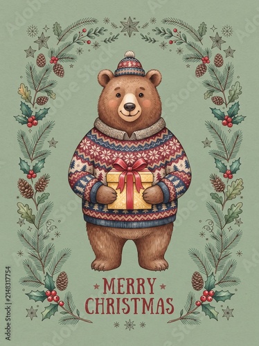 Merry Christmas Bear in Festive Sweater Holding Gift 