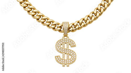 Gold chain with a diamond encrusted dollar sign pendant on a transparent background PNG file