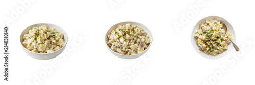 Fotografía Isolated bowls of creamy potato salad PNG, high resolution delicious homemade side dish with herbs and eggs in white bowls on transparent background, culinary food elements for recipe blogs and menus