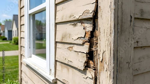 Close up of severely damaged wood siding on a house exterior with rot and peeling paint near window