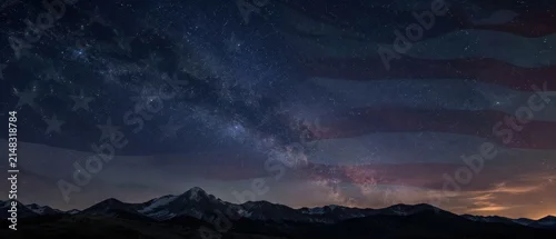 Panel kuchenny z motywem milky way galaxy shining over dark mountain range with a subtle translucent american flag blended into the night sky