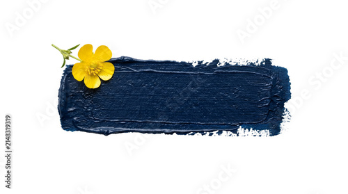 Navy blue textured paint smear featuring bright yellow bloom on png background