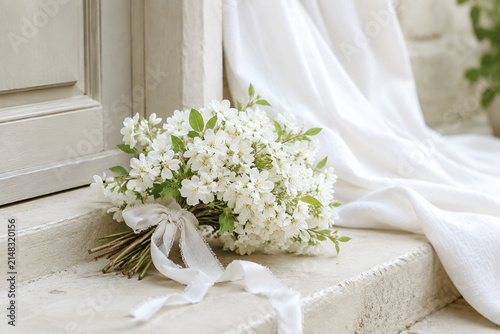 Obraz na plátně White blossoms tied with linen ribbon on doorstep, tranquil purity and welcome d