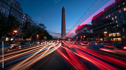 City Traffic Light Trails at Night with Obelisk Monument