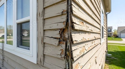 Severe damage on wooden house siding with peeling paint and rotting planks requiring home repair