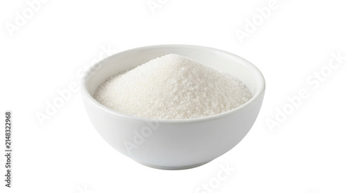 Fotografía White granulated sugar in a ceramic bowl on a transparent background PNG file