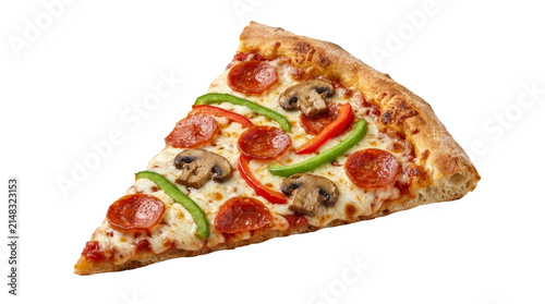 Single slice of supreme pepperoni and vegetable pizza on a transparent background PNG file
