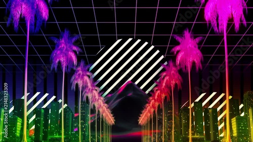 Vibrant neon palm tree cityscape with large striped geometric forms, glowing rainbow colors and retro futuristic synthwave aesthetics.