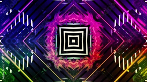 Hypnotic rainbow geometric tunnel surrounded by colorful palm trees, mirrored city elements and bold retro futuristic patterns in a psychedelic synthwave style.
