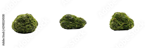 Set of Three Mossy Stones Isolated on White Background, Green Moss Covered Rocks Graphic Design Elements, Natural Forest Concept, Organic Landscaping Detail and Garden Decoration Cutouts for Web Banne