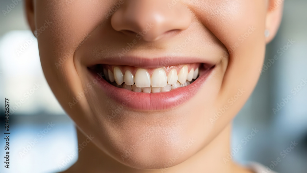 Obraz premium Radiant happy adult woman smiling broadly, showing perfectly white healthy teeth. Concept of dental care and wellness