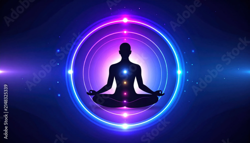 Meditation silhouette in neon circle with glowing chakra light