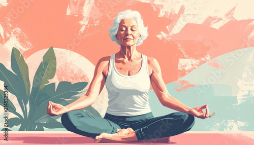 Elderly woman meditation yoga calm lotus pose serene