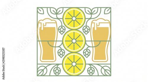 Craft beer and lemon illustration, two full glasses of light beer with foam, three yellow lemon slices, and green hop leaves, isolated on white background, for brewery branding or menu design