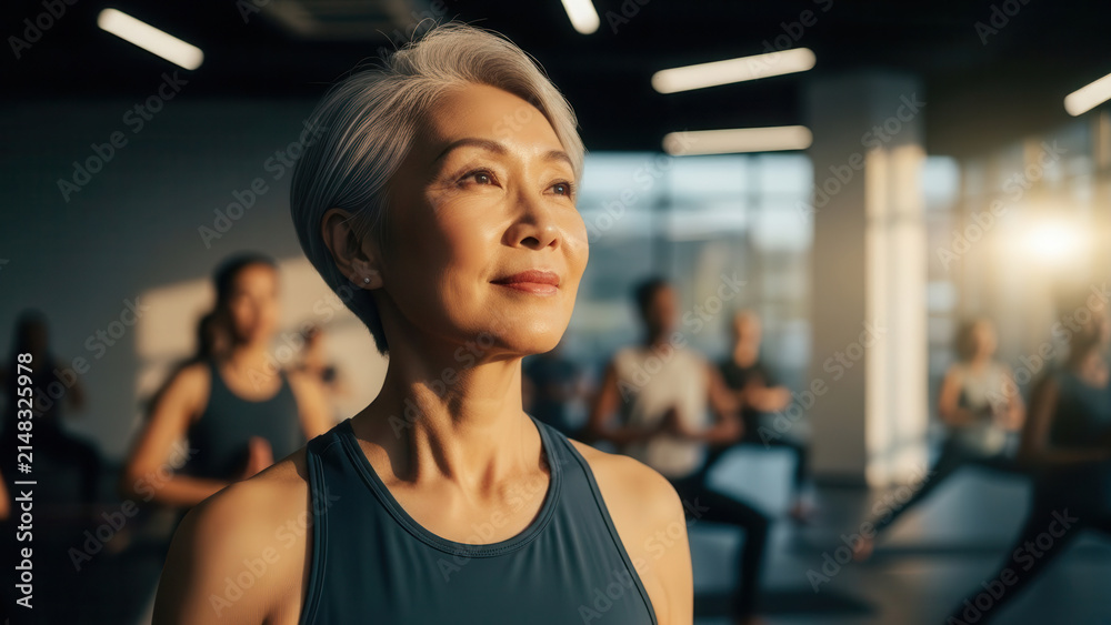 Fototapeta premium Serene senior Asian woman meditating in a bright yoga studio. Concept of wellness and inner peace
