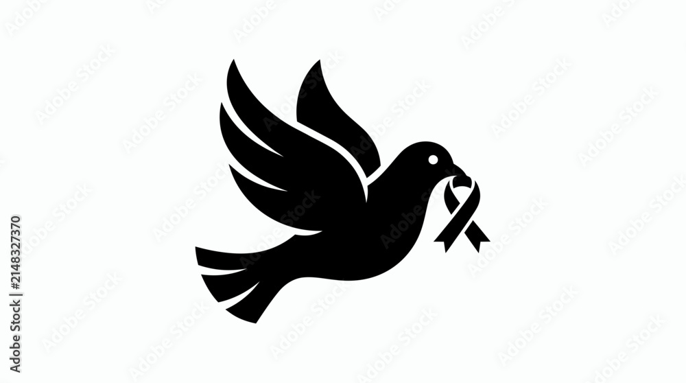 Fototapeta premium Black silhouette of a flying dove holding a ribbon in its beak, symbolizing peace, hope, and remembrance.