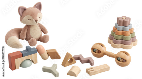 Eco-friendly wooden baby toys set, natural timber building blocks and flower stacker, plush fox stuffed animal and rattle for nursery decor isolated PNG with Transparent Background