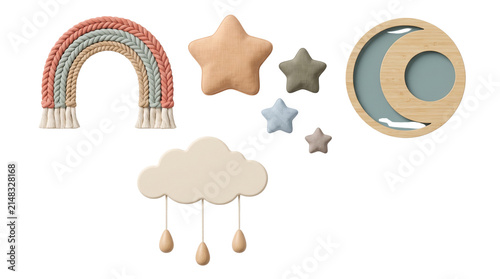 Boho nursery decor collection, macrame rainbow and plush fabric stars, wooden moon and felt cloud wall hanging set for baby room interior isolated PNG with Transparent Background