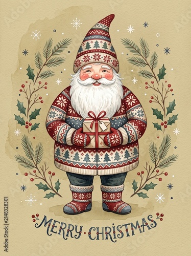 Merry Christmas Santa Illustration Holding Gift in Cozy Nordic Sweater Holiday Card Design