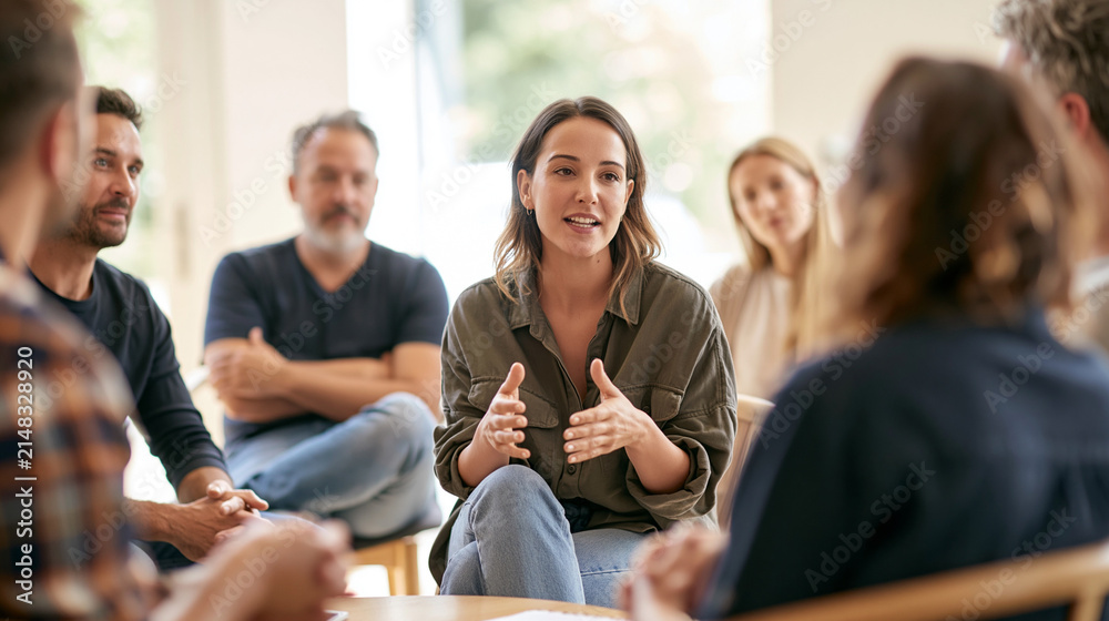 Fototapeta premium Young woman confidently speaking in a group discussion, sharing ideas and collaborating with diverse people during a meeting